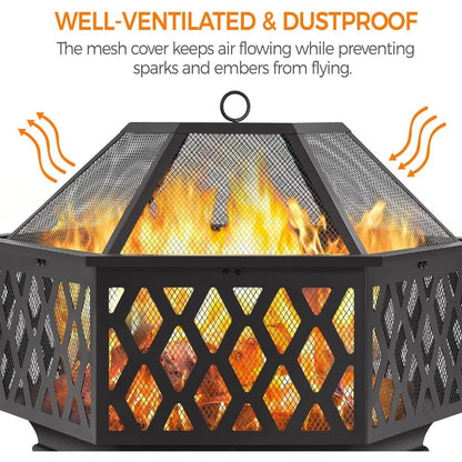 Yaheetech 28in Hex Shaped Fire Bowl - Large Wood Burning Outdoor Fire Pit with Spark Screen & Poker for Bonfire, Picnic, BBQ