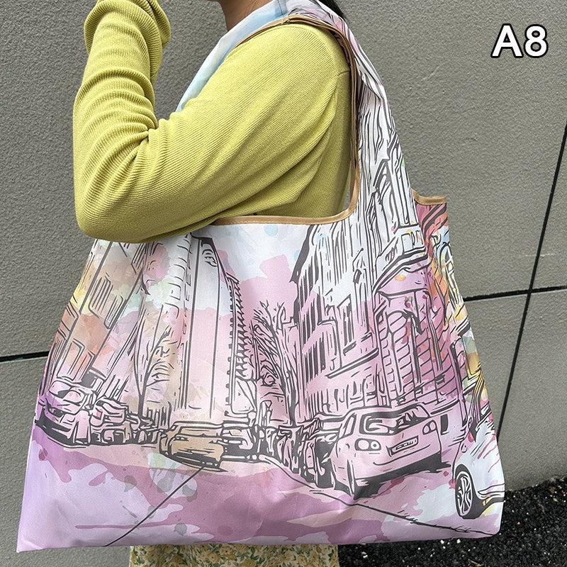 New Fashion Bag Foldable Shopping Bag Reusable Grocery Storage Bag Nylon Portable Shoulder Handbag Travel Tote Bag