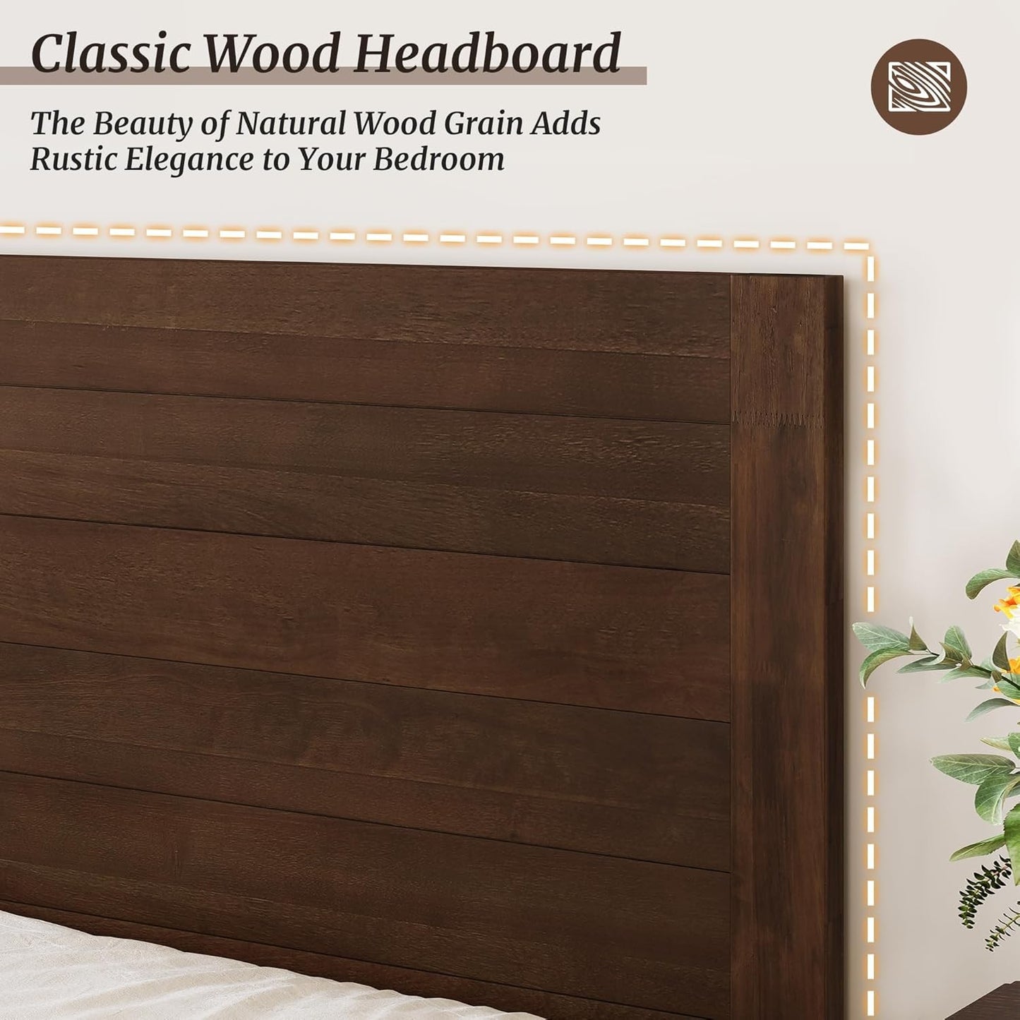 Estrutura de Cama Queen Size, Plataforma de Madeira Acácia com Cabeceira, Não Precisa de Box Spring, Capacidade 360 kg, Antiderrapante Sem Ruído,