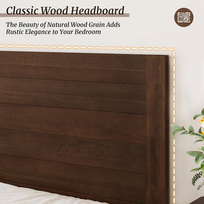 Estrutura de Cama Queen Size, Plataforma de Madeira Acácia com Cabeceira, Não Precisa de Box Spring, Capacidade 360 kg, Antiderrapante Sem Ruído,