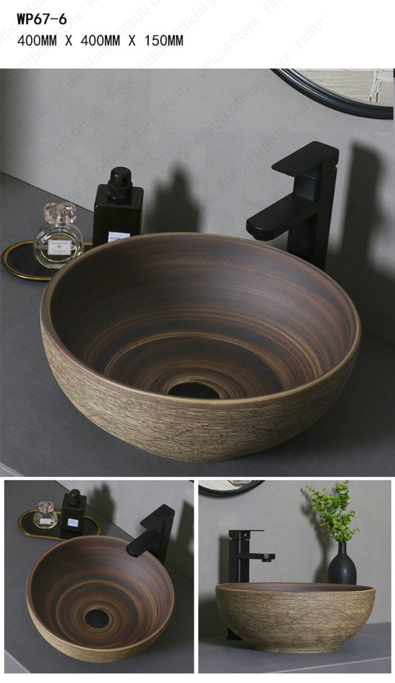 Cuba de Cerâmica Marrom para Lavatório de Banheiro Oval Artística para Mesa de Banheiro, Bacia de Lavar Roupa para Varanda, Bacia de Pedestal Acima do Balcão