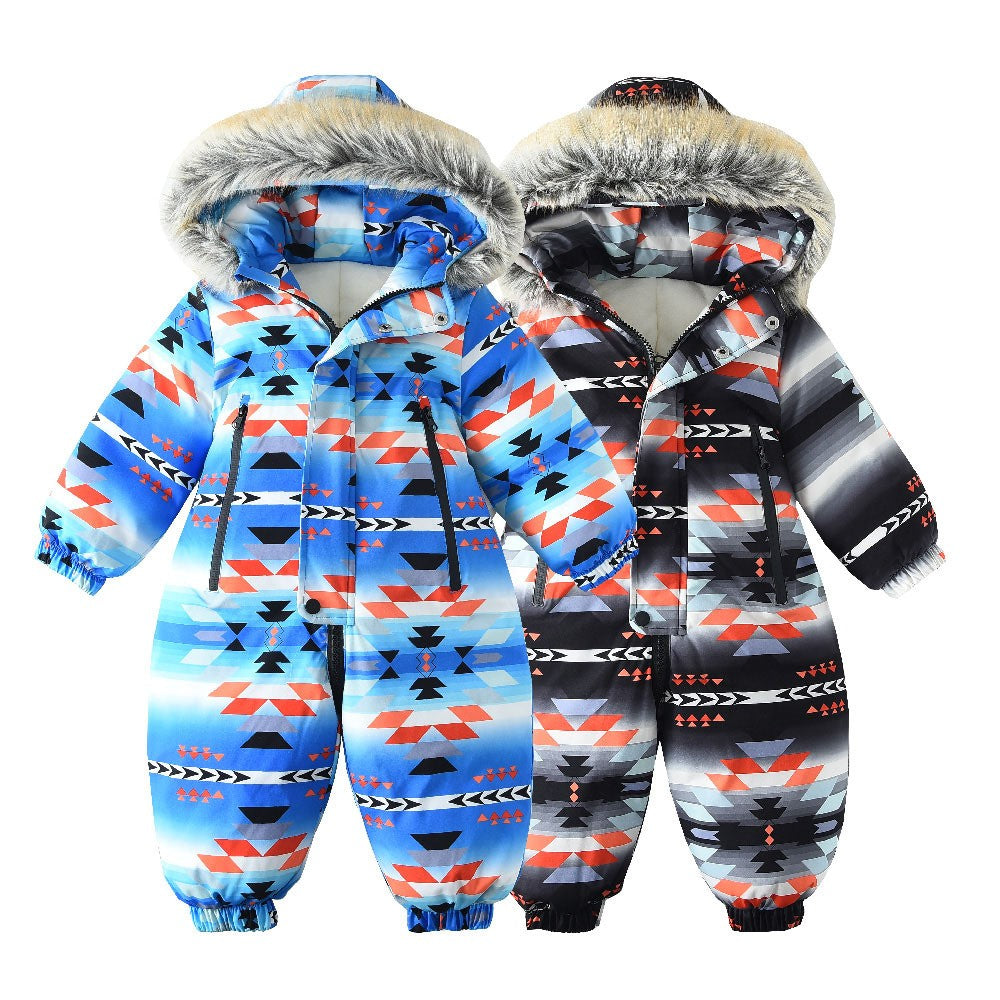 YBFSKID Kids Boys Winter Rompers Geometric Pattern Plush Thick Toddler Baby Boys Ski Suit Fur Collar Little Boys Jumpsuit Outfit