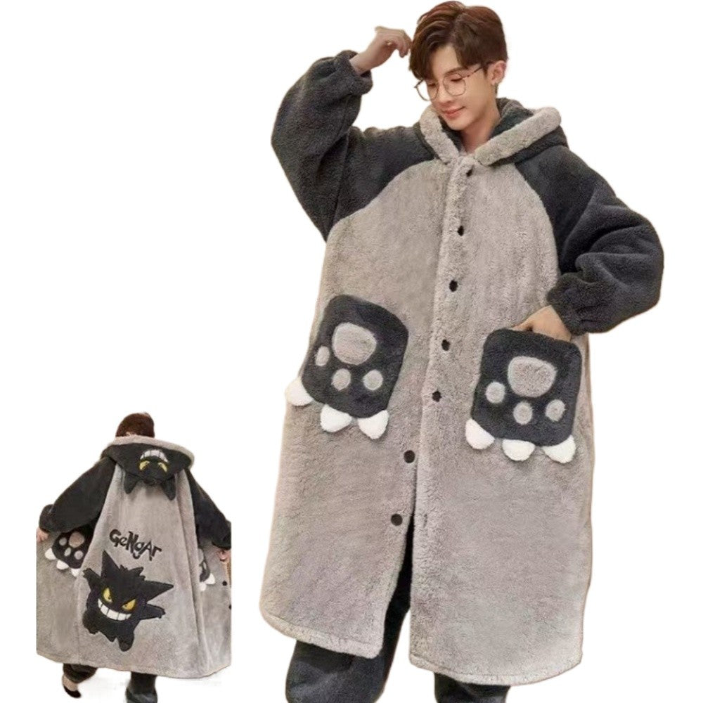 Gengar Pajamas Suit Anime Pokemon Winter Coral Fleece Nightgown Large Size of Thickened Warm Cartoon Men Hooded Home Suit Set