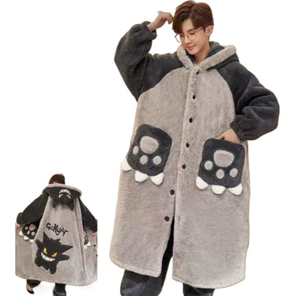 Gengar Pajamas Suit Anime Pokemon Winter Coral Fleece Nightgown Large Size of Thickened Warm Cartoon Men Hooded Home Suit Set