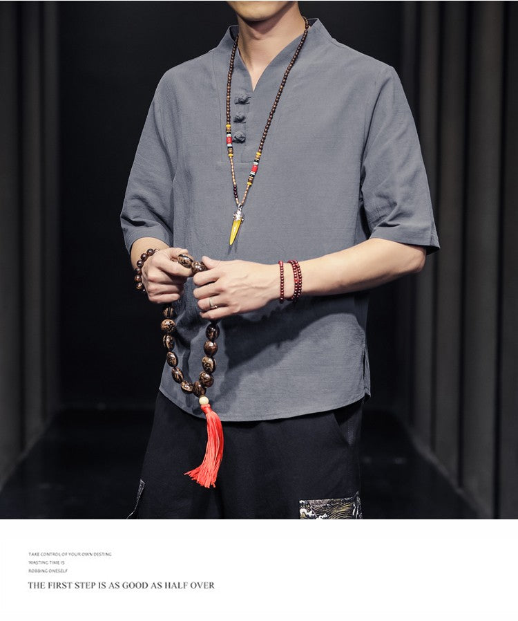 2023 Men Summer Cotton Linen Tang Shirt Men Chinese Style Button Short-Sleeved Shirts Male Blouse Vintage Kung Fu Hawaiian Shirt