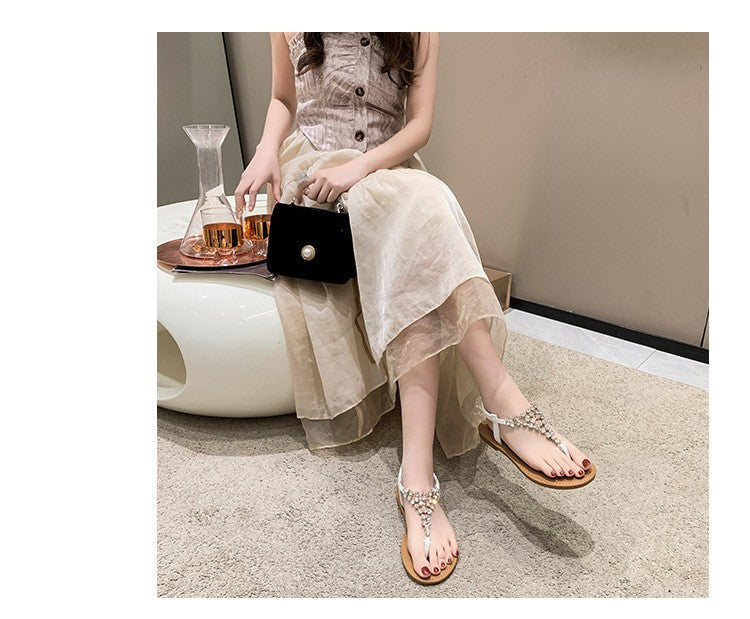 Summer New Flat Transparent Rhinestones Pintoe Women's Sandals, Fashion Casual Light Beach Cool, Shoes Women