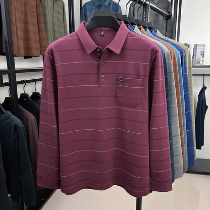 2025 long sleeved men's spring and autumn collar striped pullover top with loose pockets polo shirt