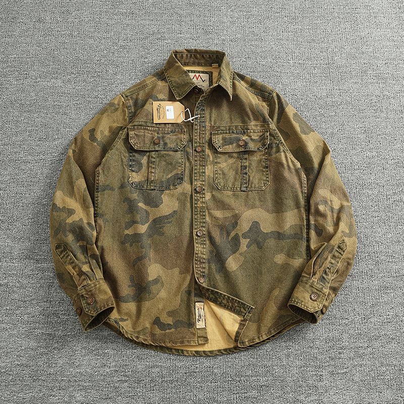 2024 Autumn and Winter New American Retro Woven Camouflage Cargo Shirt Men's 100% Cotton Washed Old Double Pockets Thin Jacket