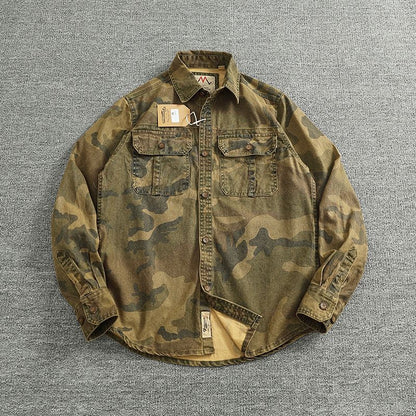 2024 Autumn and Winter New American Retro Woven Camouflage Cargo Shirt Men's 100% Cotton Washed Old Double Pockets Thin Jacket