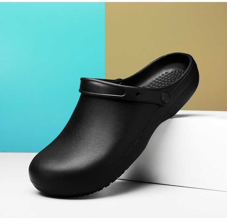 Pure Black Anti Skid Rubber Sandals Chef Shoes Kitchen Cook Waterproof Garden Shoes Clogs Without Holes Plus Big Size 47 48 49
