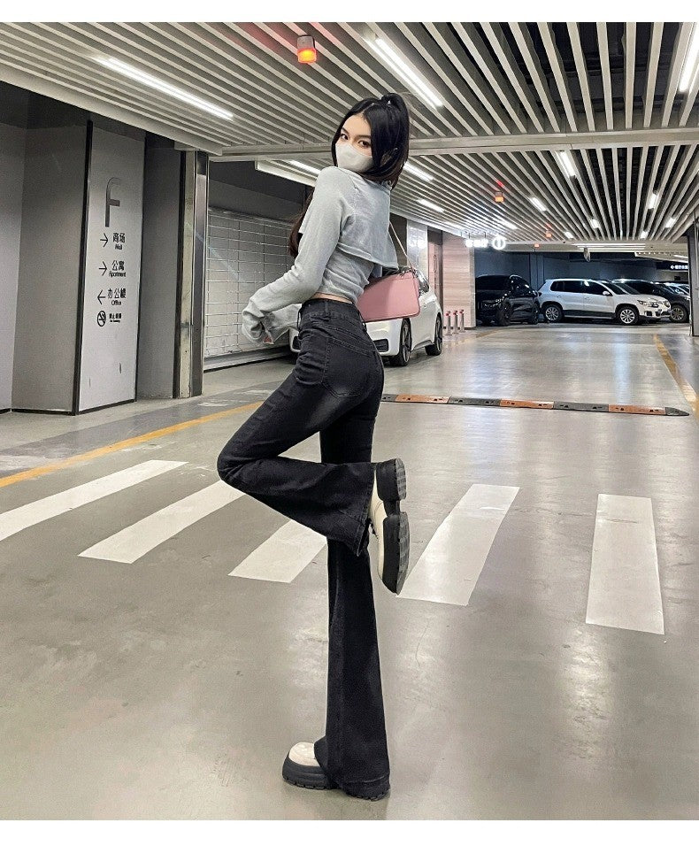 High Waist Fce Lined Thiened Autumn Winter American Bla ey Micro Flared Jeans Women Slimming Legging  Hoof Pants