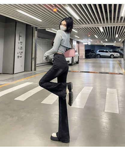 High Waist Fce Lined Thiened Autumn Winter American Bla ey Micro Flared Jeans Women Slimming Legging  Hoof Pants