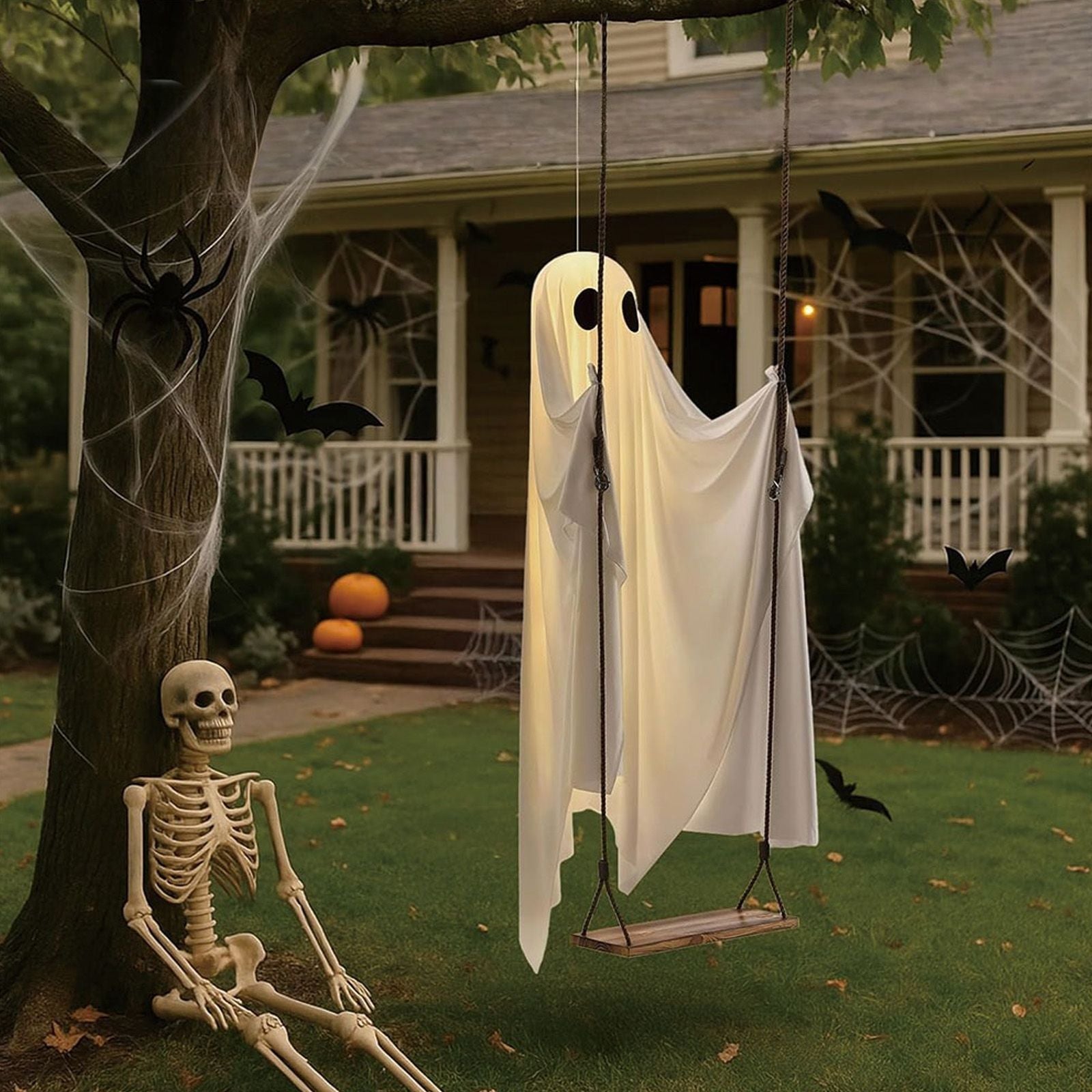 6FT Large Hanging Swing Ghost Halloween Decoration Cute White Ghost with String Light Spooky Ghost Ornament for Porch Yard Trees