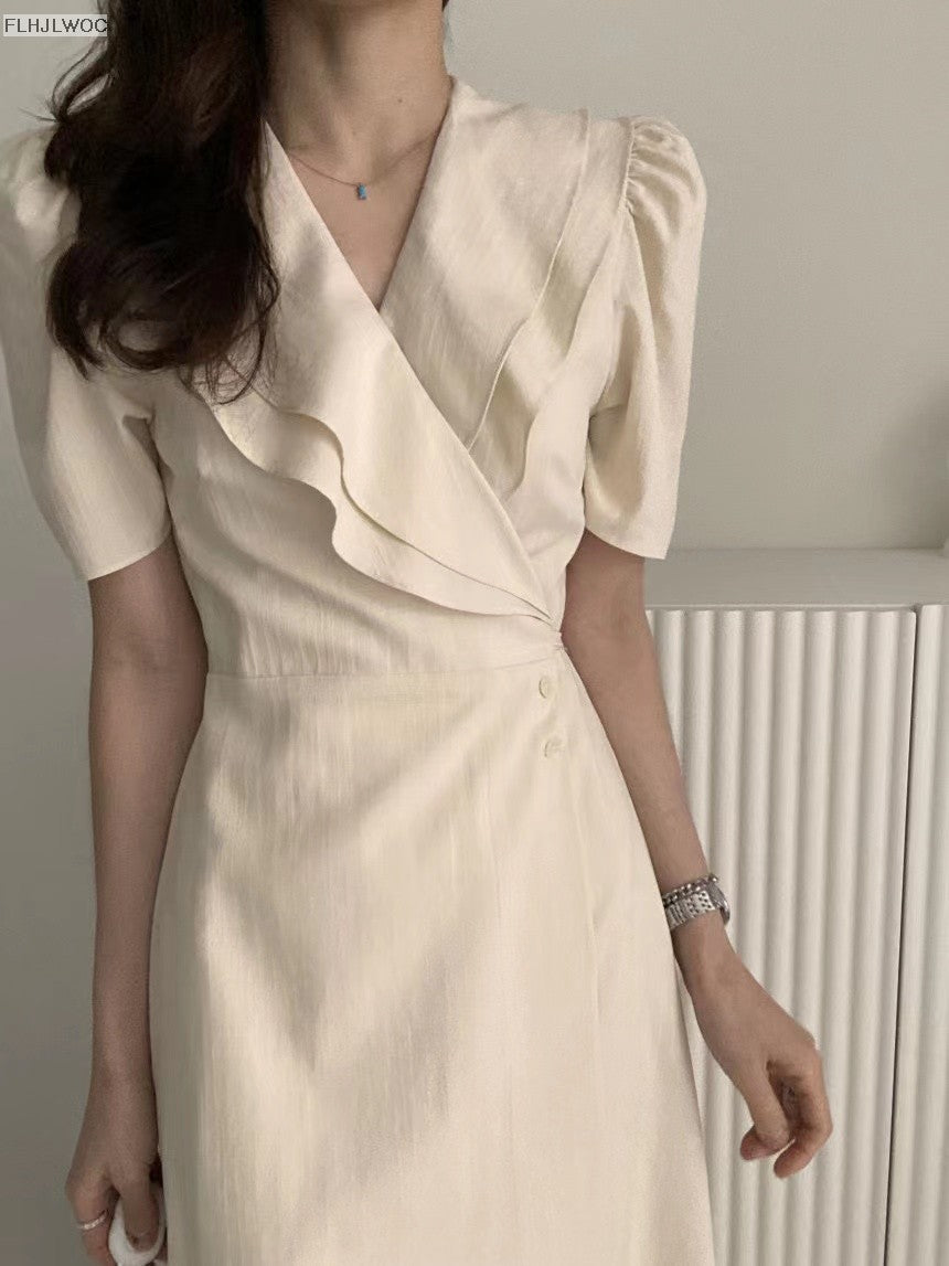 South Korea Chic Midi Dress Women Summer Japan Style Retro Vintage Design Ruffle