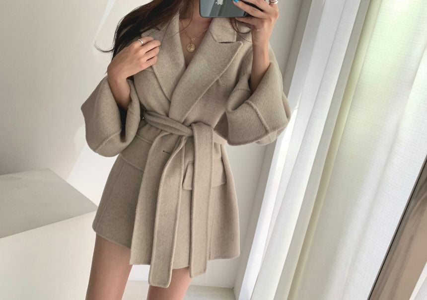 Retro Chic Autumn Winter Woolen Coat One Button Long Sve Suit Collar Waist Cinched Side Slit Warm Knitwear for Women