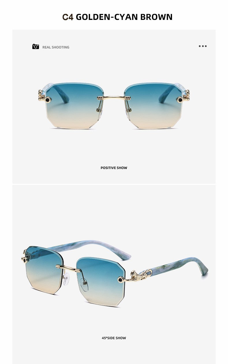 Square Sunglasses For Men Women Fashion Metal Leopard Head Rimless Eyewear Travel And Driving Shades Oculos De Sol UV400