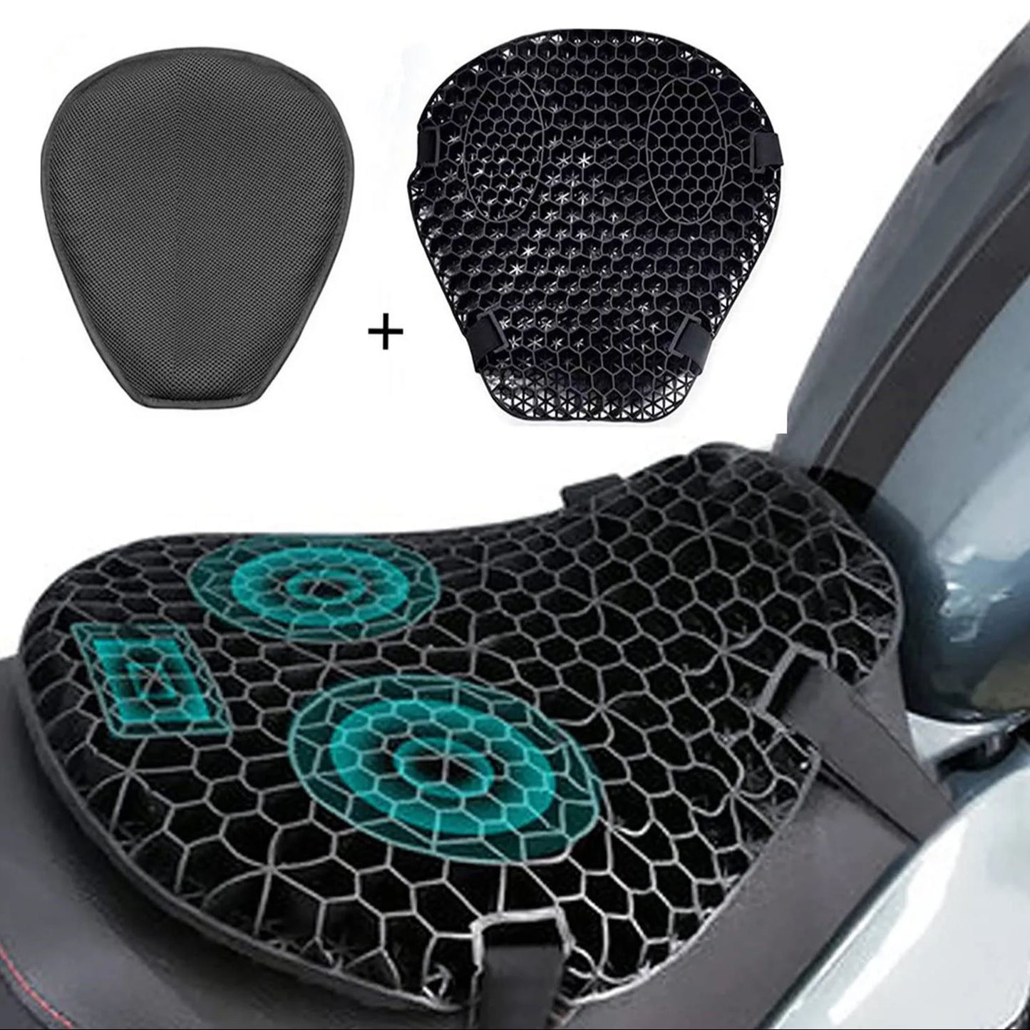 Almofada de assento de motocicleta com absorção de choque, descompressão em gel colmeia 3D, almofada de assento de motocicleta universal confortável