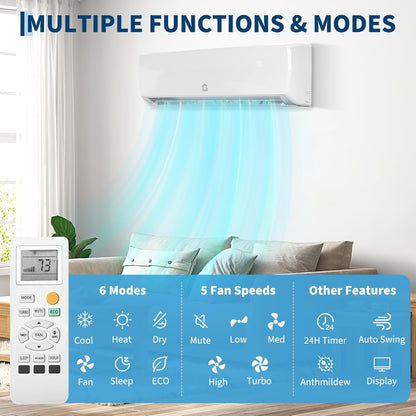 Sistema de Ar Condicionado/Aquecimento Mini Split de 9.000 BTU, 19 SEER, Bomba de Calor Sem Ductos, com Controle Remoto, para até 42 m²