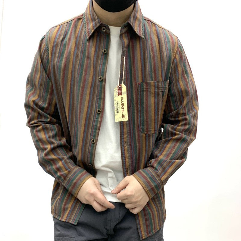 Amikaki Ethnic Style Men's Pure Cotton Colorful Stripes Shirt Loose Ancient Cargo Long Sleeved Shirt Jacket With Chest Pocket