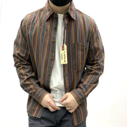 Amikaki Ethnic Style Men's Pure Cotton Colorful Stripes Shirt Loose Ancient Cargo Long Sleeved Shirt Jacket With Chest Pocket