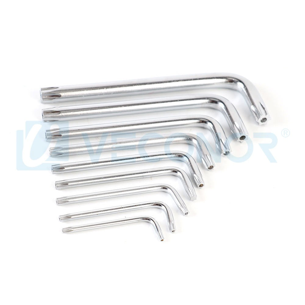 Conjunto de 9 Chaves Torx Allen Estrela de Braço Curto Métricas Duráveis em Aço Cromo Vanádio T10 T15 T20 T25 T27 T30 T40 T45 T50
