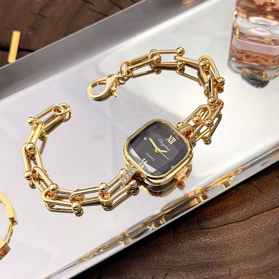 Luxury Minimalist Bracelet Watch Creative Square Multi-Faceted Glass Quartz Movement Chain Mid-century Small  High-End Acces