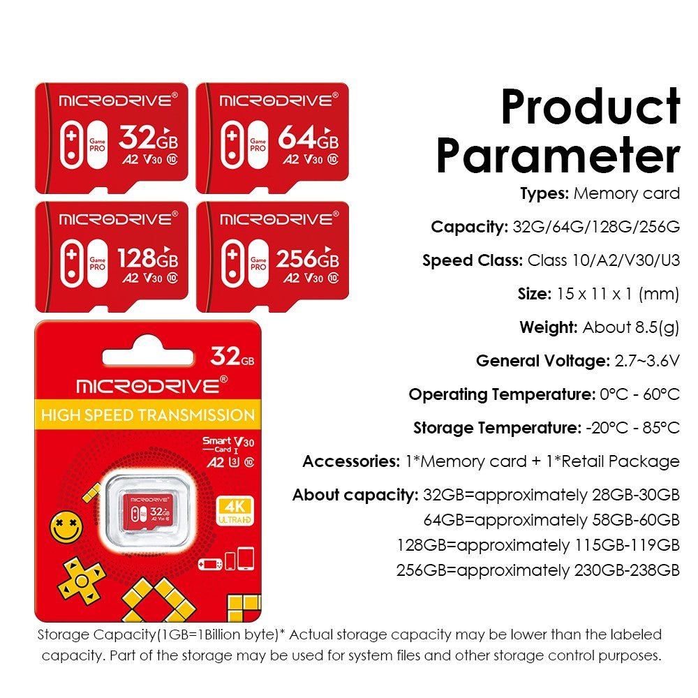 Cartão de Memória de Alta Velocidade A2 V30 U3 32GB 64GB 128GB 256GB Flash UHS-3 Cartão Micro Mini SD para Câmera 4K HD / TV / Jogo / Gopro UAV