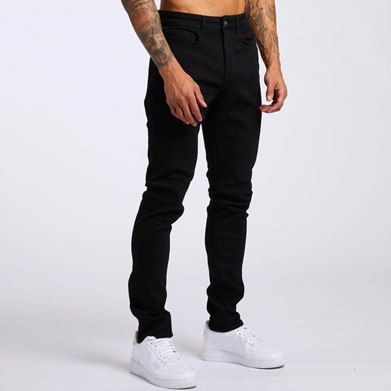 Calça Jeans Masculina Elástica Skinny Cor Sólida Calça Lápis Elástica Jeans Slim Fit Corrida Streetwear Calça Jeans Casual Preto