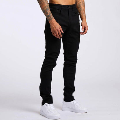 Calça Jeans Masculina Elástica Skinny Cor Sólida Calça Lápis Elástica Jeans Slim Fit Corrida Streetwear Calça Jeans Casual Preto
