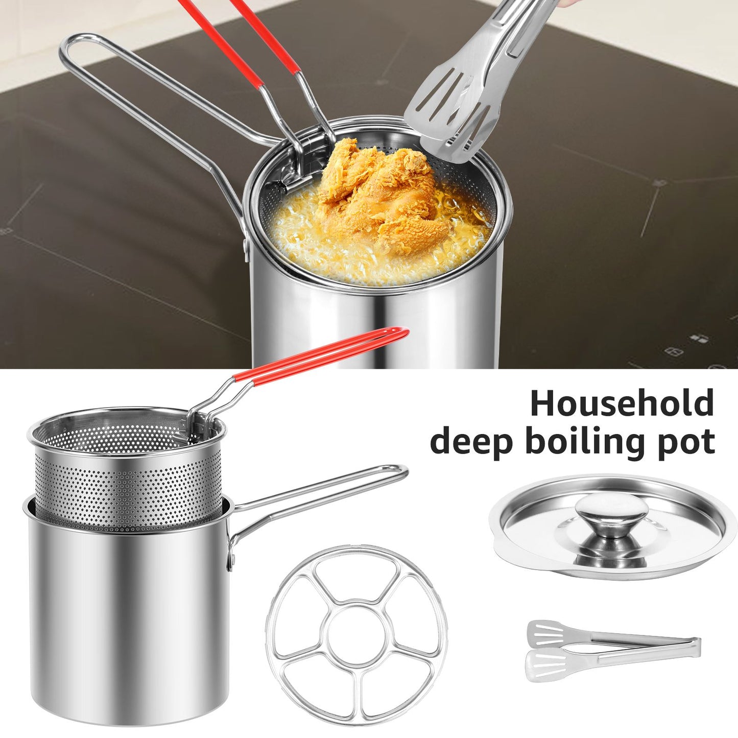 Deep Fryer with Strainer Basket and Handle Stainless Steel Fry Pot Food Grade Outdoor Fryer with Lid Portable Food Cooking Pot