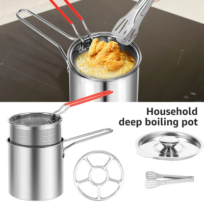 Deep Fryer with Strainer Basket and Handle Stainless Steel Fry Pot Food Grade Outdoor Fryer with Lid Portable Food Cooking Pot
