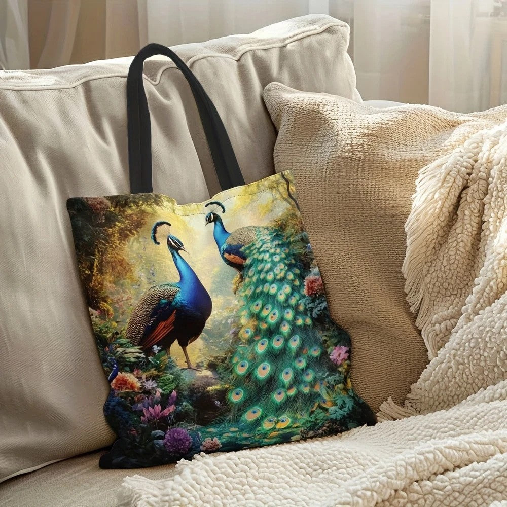 1pc Vibrant Peacock Pattern Tote Bag - Lightweight, Durable Polyester with Fixed Shoulder Straps, Ideal for Grocery Shopping