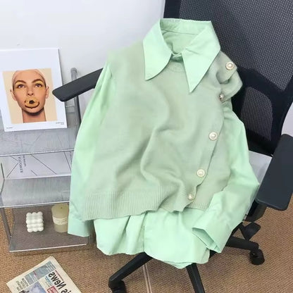 Japanese Women's Knitted Vest Shirt Two-Piece Set 2025 Spring Autumn Casual Side Buckle Vest Matching Long Sleeve Blouse