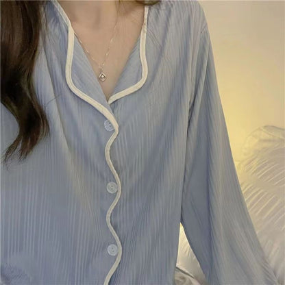 Ins style women's simple long sleeved long pants pajama set Spring/Autumn girl style solid color sweet cardigan home suit set