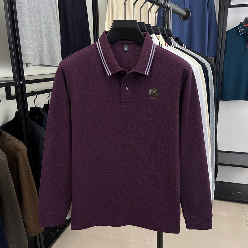 100Cotton Luxury Quality Men's Polo Shirt Striped Collar Breathable V-Print Long Sleeve Autumn Lapel T-Shirt Business Menswear