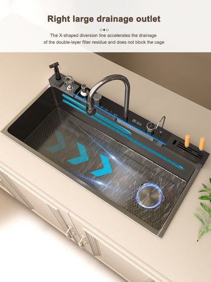 Stainless Steel kitchen Sink With Waterfall Golden Large Single Slot Multifunctional Digital Display Sinks 100*50CM