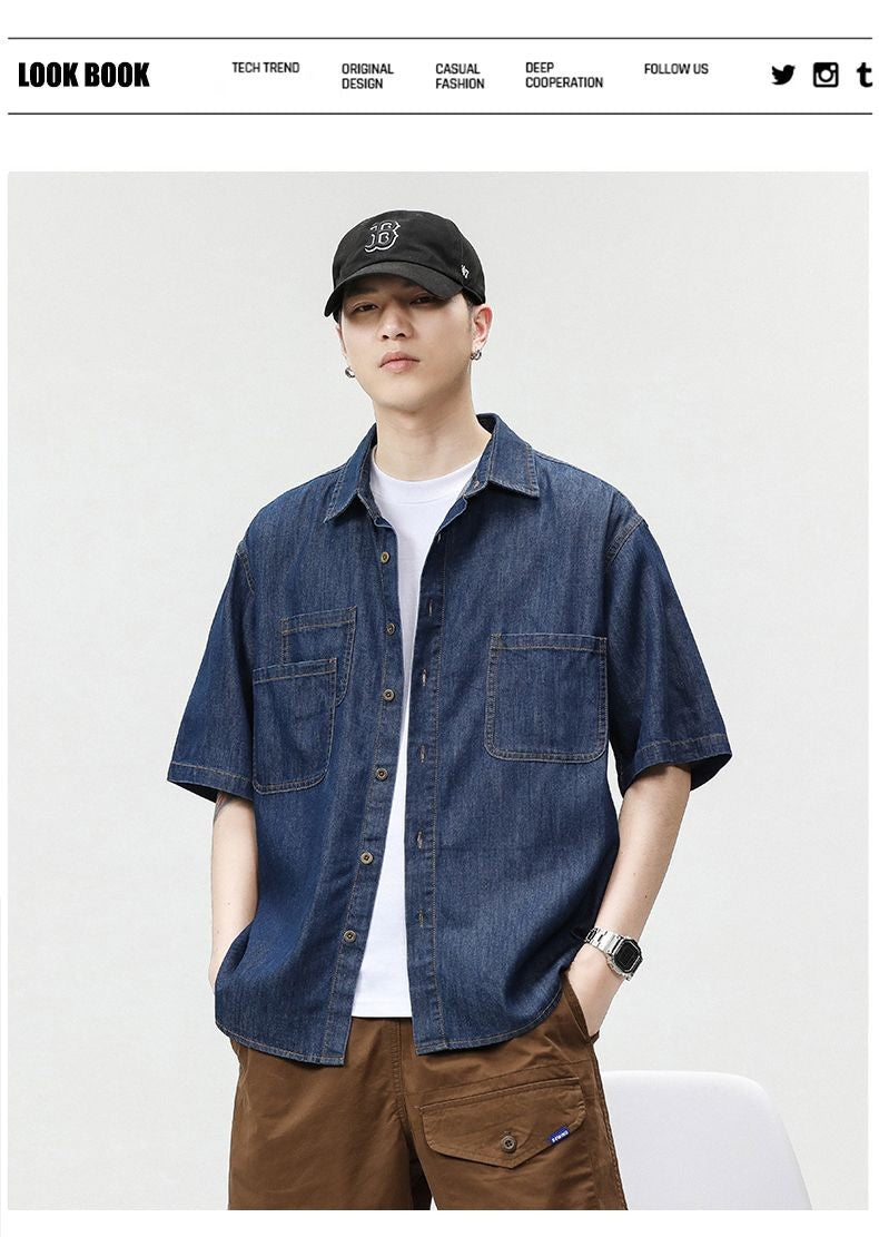 2025 Summer New Men's Casual Loose Shirt Polo Neck Short Sleeve Single Breasted Shirts Men's Vintage Solid Cargo Jeans  Tops