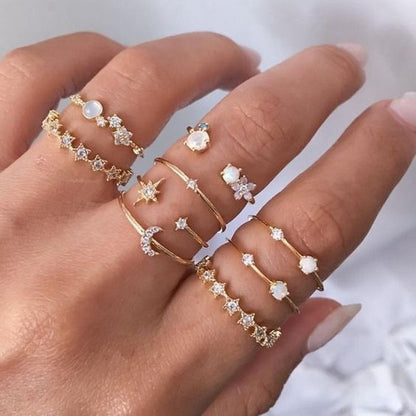 Conjunto de Anéis Boêmios com Zircônia para Mulheres, Anel Dourado com Cristal Boêmio Letra Amor Coração Lua Flecha Flor, Joias de Casamento, Presentes