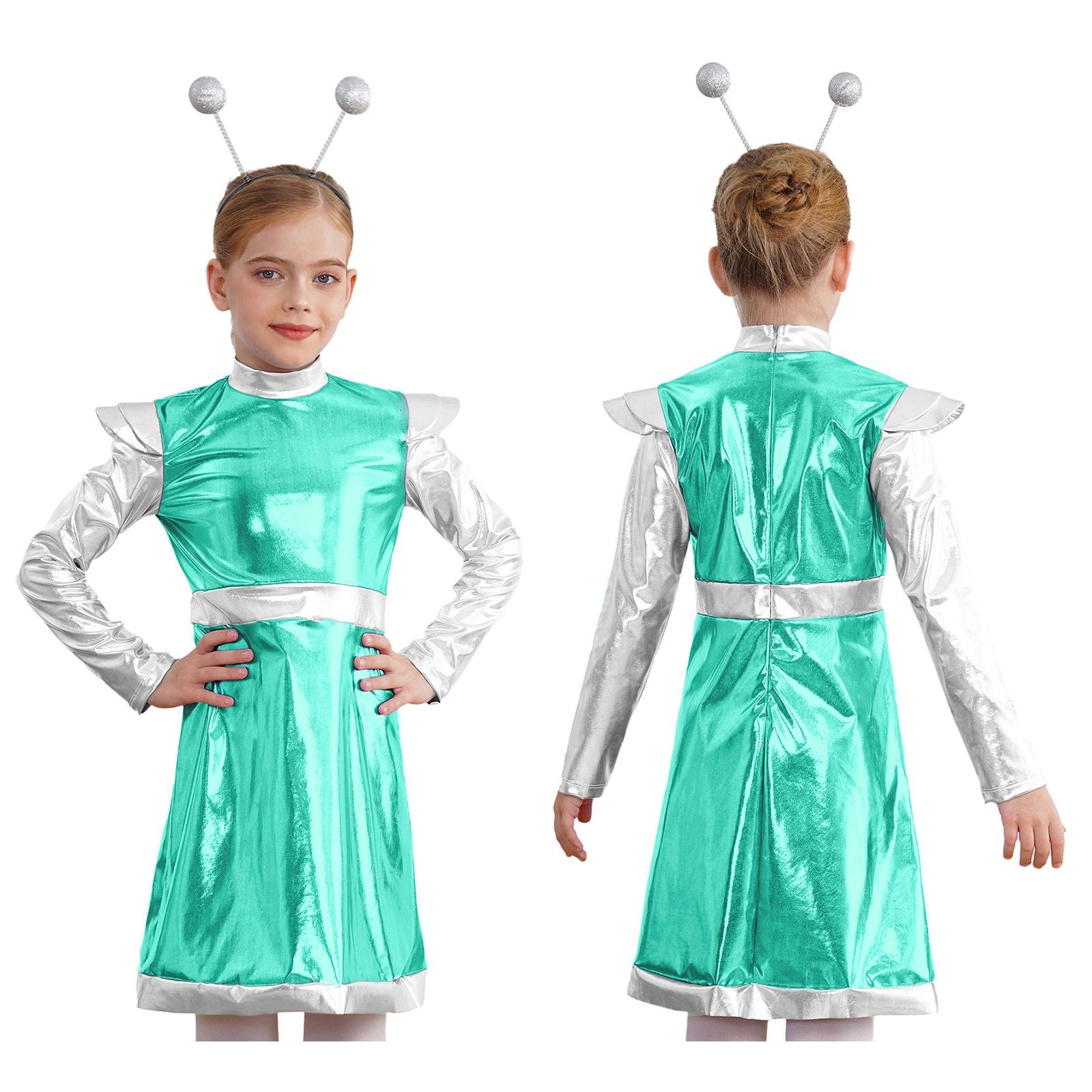 Kids Alien Cosplay Costume Outfits Boys Girls Metallic Shiny Alien Jumpsuit Halloween Full Length Bodysuit with Hair Hoop Suit
