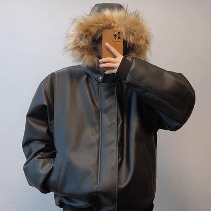 Winter American retro fashion brand handsome all-match warm detachable hat heavy PU leather cotton coat thickened jacket for men