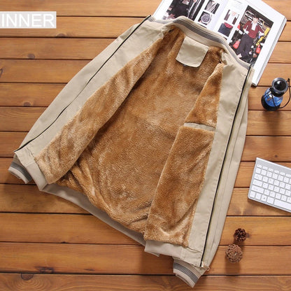 Autumn And Winter New Men's Fashion Aviator Jacket Fleece Thickened Warm Baseball Jacket Solid Color Zipper Large Size Top M-5XL