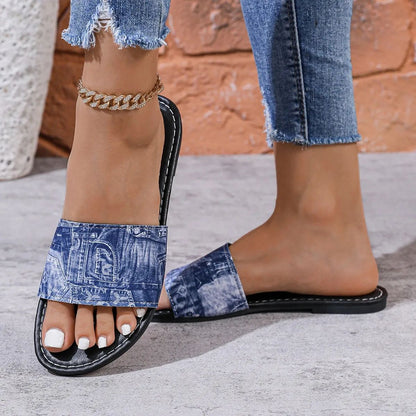 Casual Denim Slippers for Women 2025 Fashionable Non-Slip Wear-Resistant Soft Bottom Comfortable Flat Heel Sandals