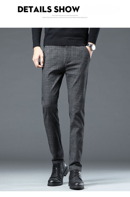 Autumn Winter New Fleece Thickened Casual Pants Men Business Straight Slim Plaid Pants Black Gray Men's Warm Trousers