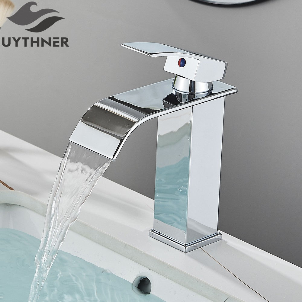 Brushed Golden Basin Faucets Elegant Waterfall Bathroom Sink Faucet Single Lever Hole Deck Mount Brass  Mixer Taps