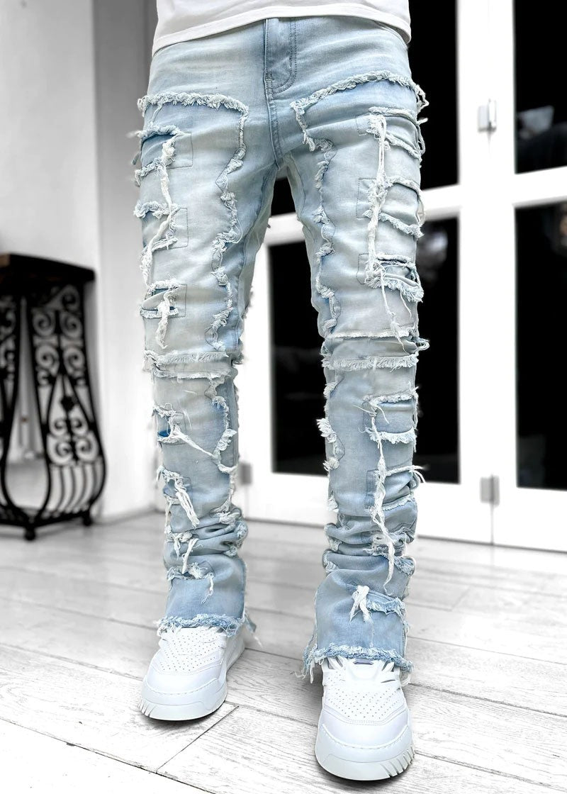 Calça Jeans Masculina Regular Fit Stacked Rasgada Slim Fit Remendada Destruída Reta Jeans Hip Hop Streetwear