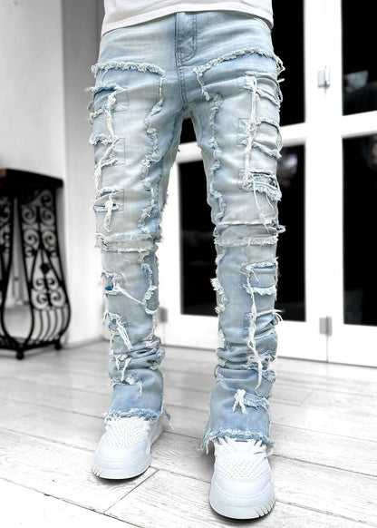 Calça Jeans Masculina Regular Fit Stacked Rasgada Slim Fit Remendada Destruída Reta Jeans Hip Hop Streetwear