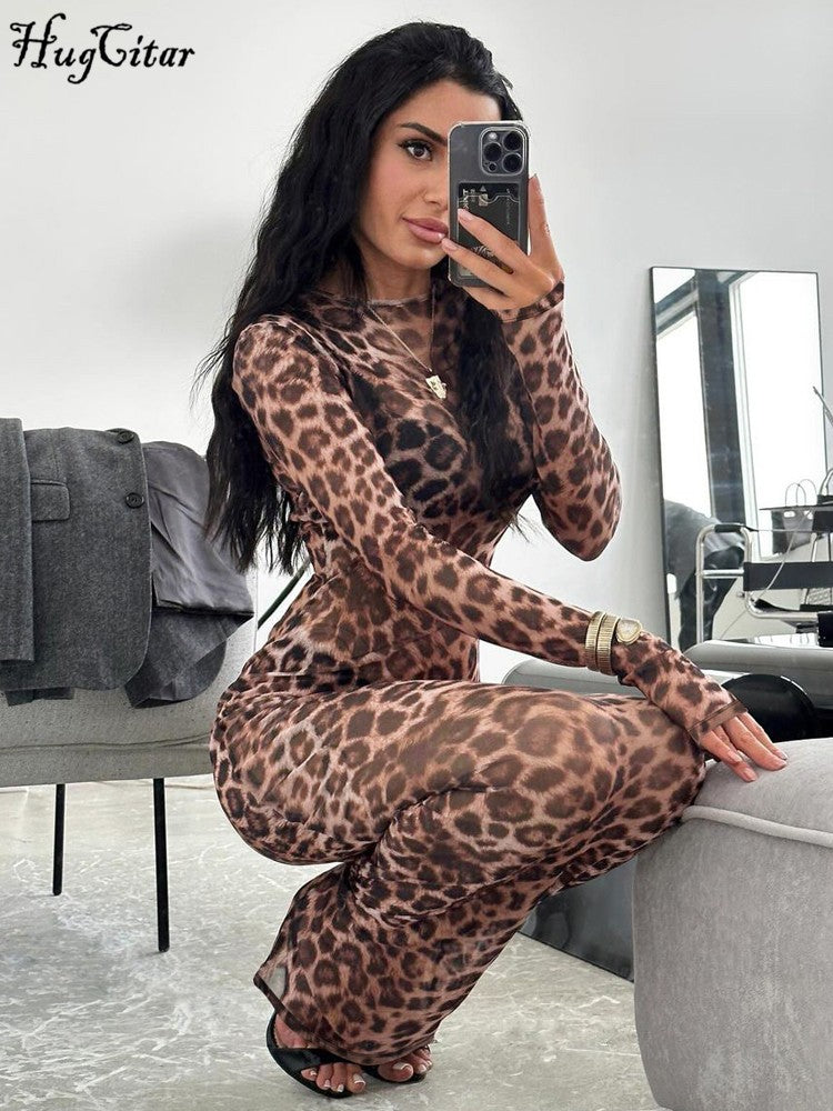 Hugcitar Leopard Print Mesh Long Sleeve Sexy Slim  See Through Maxi Dress Fall W