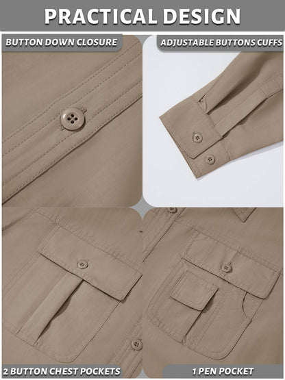TACVASEN Summer Quick Dry Long Sleeve Cargo Work Shirts with Pockets Mens Safari Hiking Shirts Button Down Shirts Clothes Males