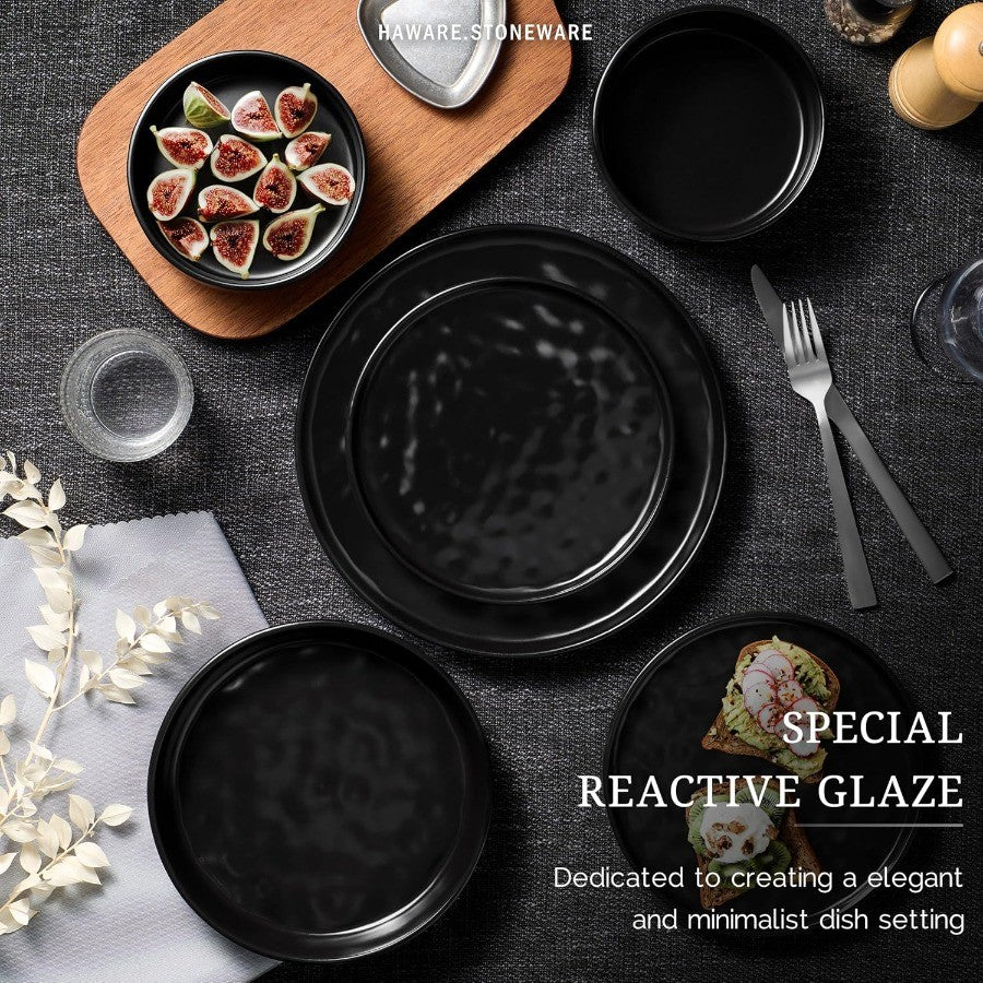 12Piece Stoneware Dinnerware Set for 4 People with Plates and Bowls Matte Black Ceramic Tableware for Home Restaurant Use Chip