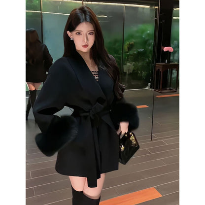 2025 Retro Elegant Lace Up Woolen Casual Overcoat Women Harajuku Loose Warm Plush Long-sleeved Autumn Fashion New Street Jacket